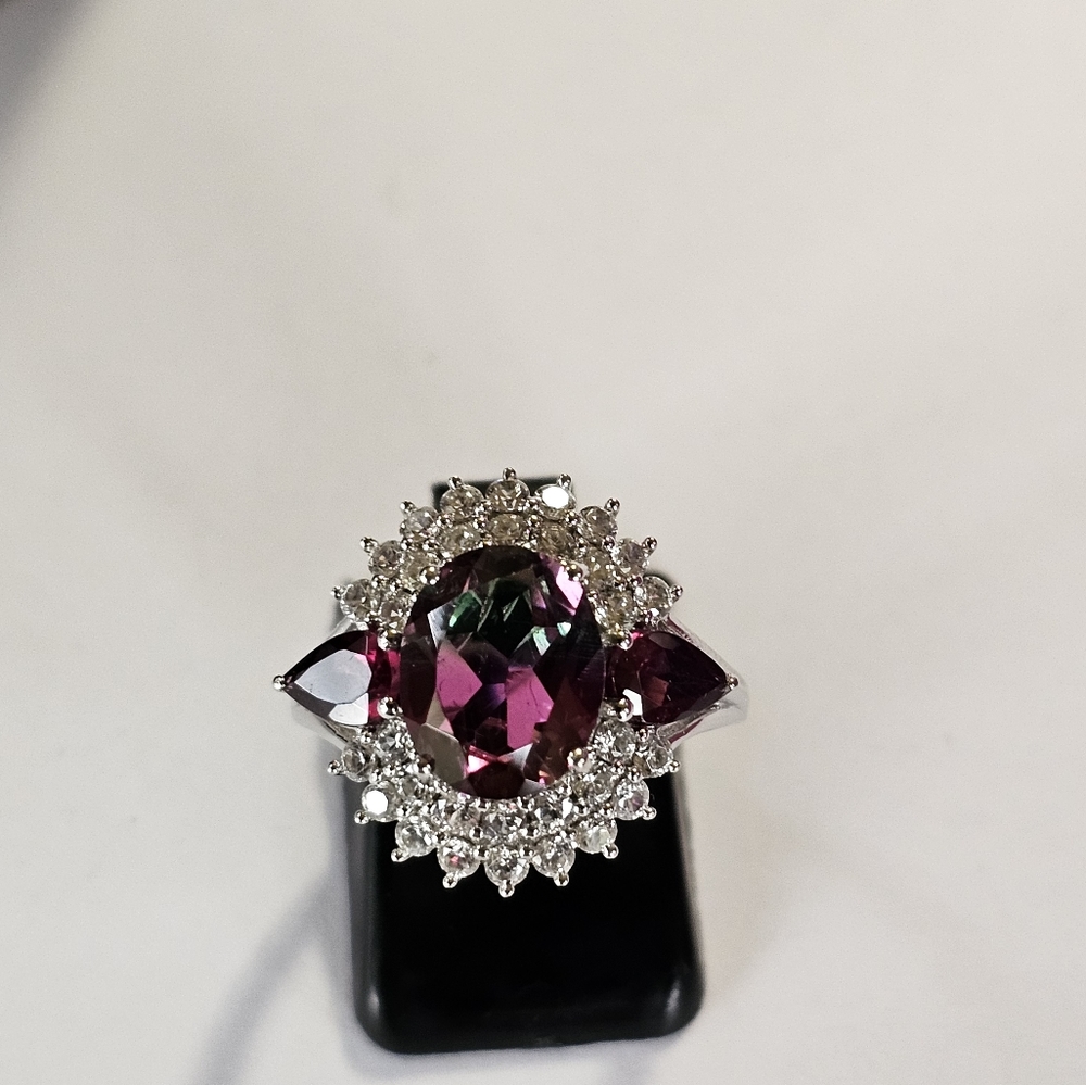 Genuine Watermelon Quartz & Multi Gemstone Ring Platinum over 925 Sz 6! - Picture 6 of 13